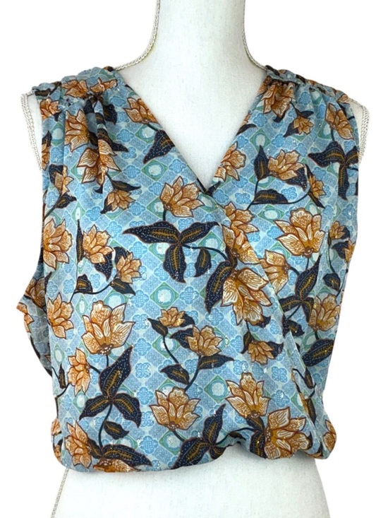 Rachel Zoe Tops - Rachel Zoe Cropped Top Faux Wrap Sleeveless V neck Mustard Blue Large